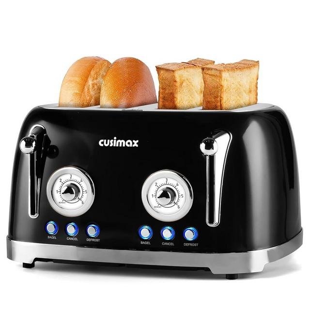 CUSIMAX Toaster 4 Slice, Retro Toaster with Wide Slots for Bagels, Stainless Steel Toaster with 6 Toast Settings, Bagel, Cancel, Defrost & Reheat Functions, Dual Independent Control Panels, Black