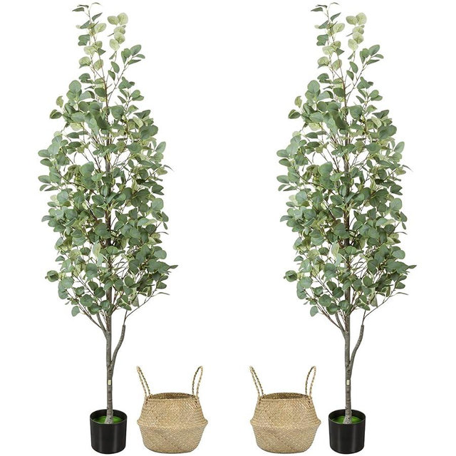 Liyarya 6FT Artificial Eucalyptus Tree with Wicker Basket & Black Pot, Indoor Green Faux Eucalyptus Trees, Fake Eucalyptus Plants with Lifelike Leaves & Natural Trunk for Home Office Bedroom, 2 Pack