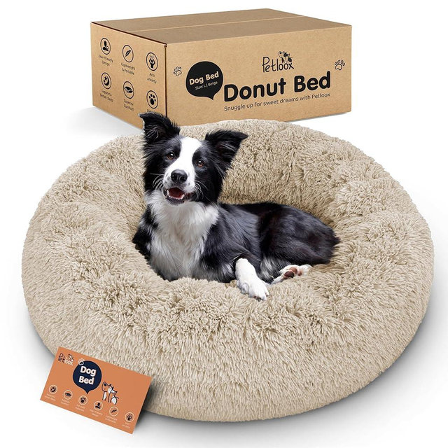 Donut Dog Bed - Premium Comfort for Anxiety Relief - Fluffy & Calming Design with Ultra-Plush Support | Cozy Round Dog Bed with Super Soft Circle Style (Beige, Large)