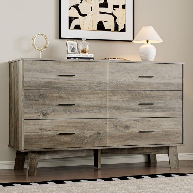 BORNOON Dresser for Bedroom with 6-Drawer, 47.2" Modern Chest of Drawers with Metal Handles, X-Shape Base & Adjustable Center Leg, Anti-Tip Closet Organizers and Storage