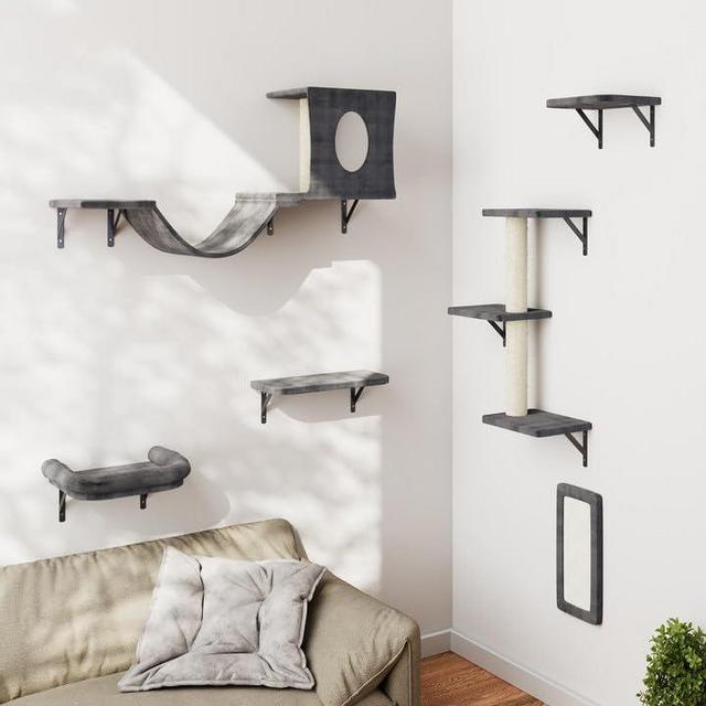 NUNU LAB Wall Mounted Cat Furniture, 6pc Cat Wall Furniture, Cat Climber with Cat House, Bridge, Tree, Steps, and Scratcher, DIY Cat Walls Playground, Cat Shelves for Indoor Wall Furniture Set - Dark