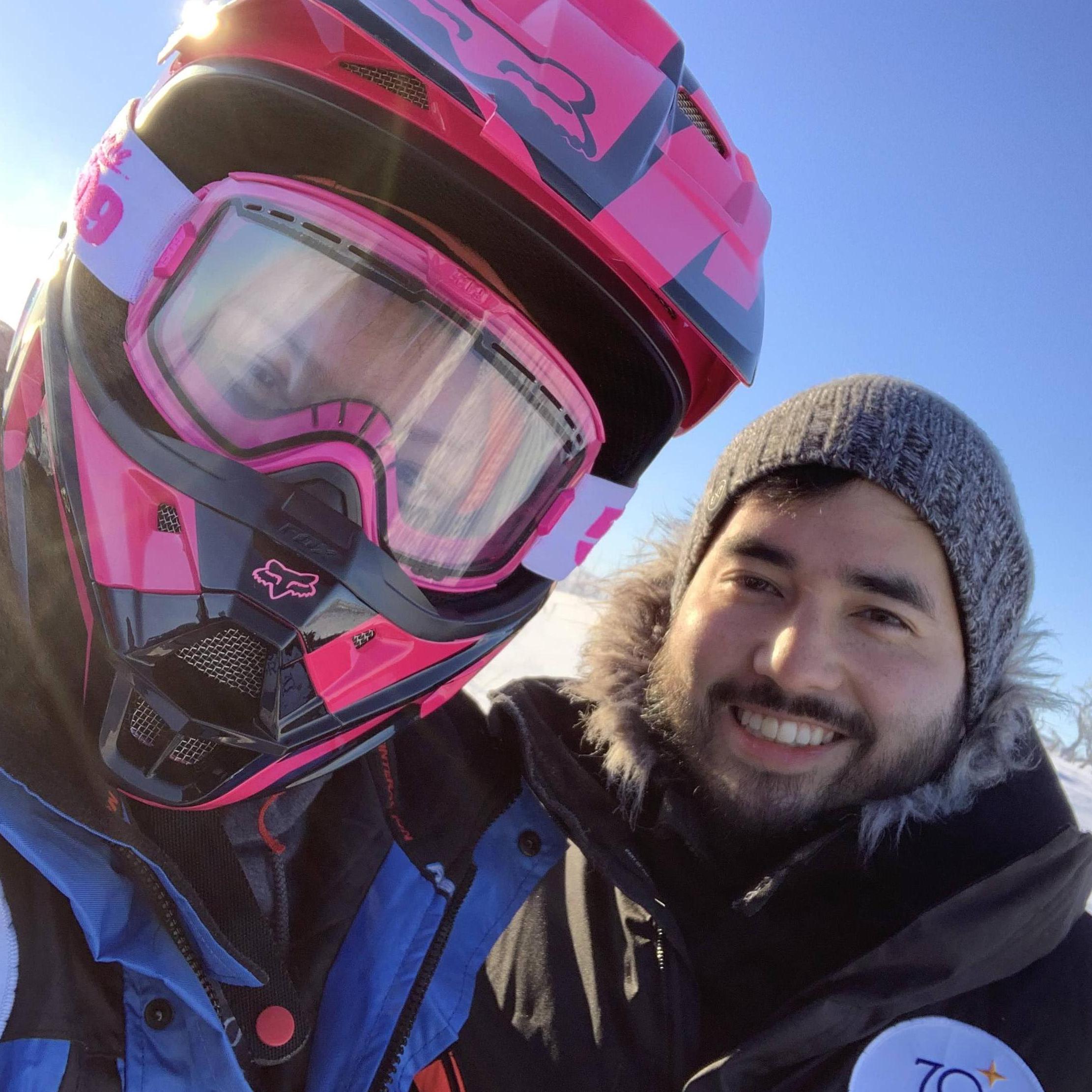 Tom was great at snowmobiling, Rachel was less great