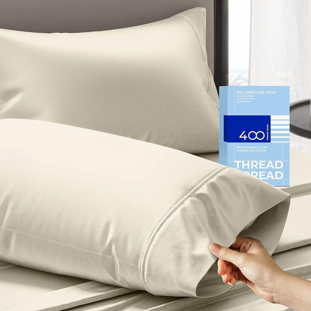 THREAD SPREAD 100% Cotton Pillow Cases Queen Size Set of 2 - Luxury 400 Thread Count Queen Pillow Cases (Ivory), Soft Cooling Breathable Hotel Quality Cotton Pillowcases, Fits Standard Pillows