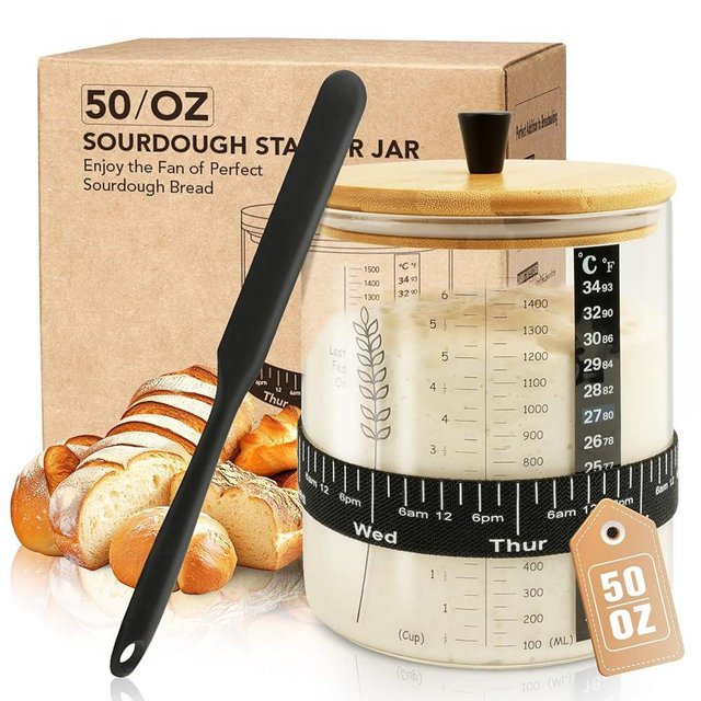 Rakovar 50oz Sourdough Starter Jar, Wide Mouth Sourdough Jar, Large Capacity Sourdough Bread Starter Kit with Lid, Band, Date Tracker, Temp, Sourdough Starter Kit for Sour Dough (1 Pack)