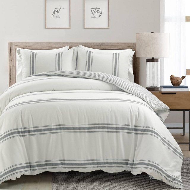 3pc Farmhouse Stripe Reversible Duvet Set - Lush Décor