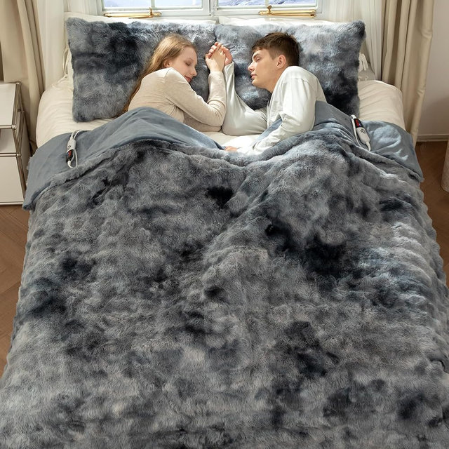 Faux Fur Heated Blanket Queen Size 84"X90" - Bubble Faux Fur Electric Blanket Fluffy Soft Fuzzy with 6 Fast Heating Levels & 10 hrs Timer Settings, Washable & ETL Certified for Bed, Tie-Dye Blue