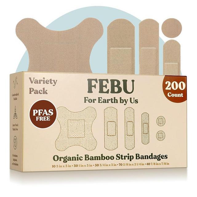 FEBU Organic Bamboo Fabric Bandages | PFAS Free | Flexible & Latex Free | Compostable | 200 Count Bulk Variety Pack