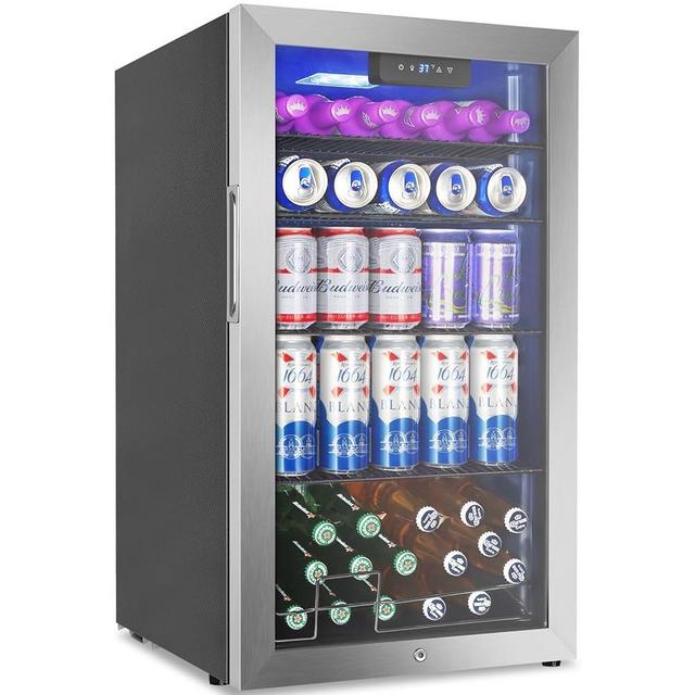 Beverage Refrigerator Cooler, 128 Cans Mini Fridge Glass Door for Drink Beer Soda Wine, 3.2 Cu.Ft Small Fridge for Kitchen Bedroom Office Bar, with 4 Adjustable Removable Shelves, Stainless steel