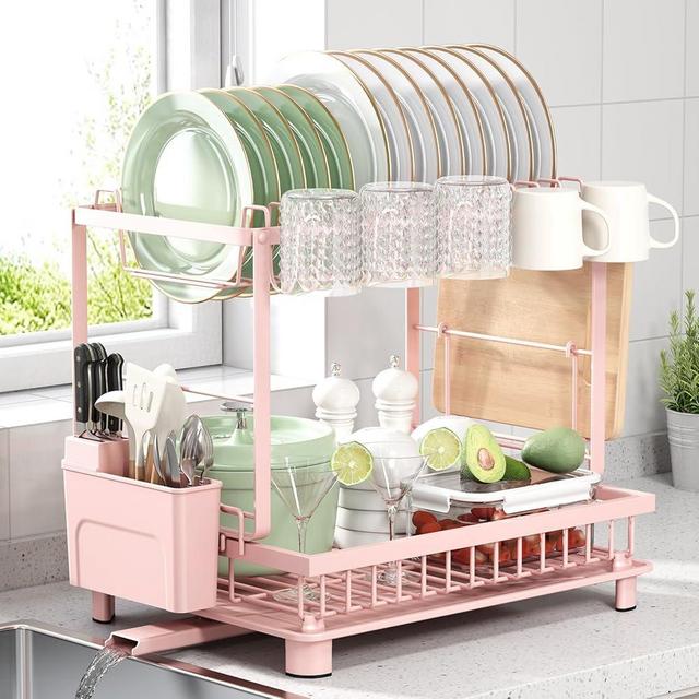 Nfnoyp Multifunctional Dish Drying Rack - Rustproof, 2-Tier Dish Racks with Drainboard, Space-Saving Design, Utensil & Cup Holder for Kitchen Counter, Pink