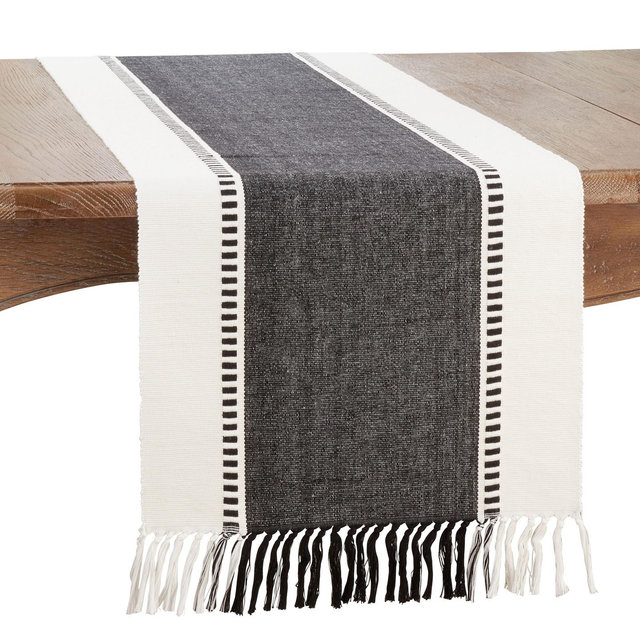 Saro Lifestyle Striped Cotton Table Runner, Black, 16" x 72"