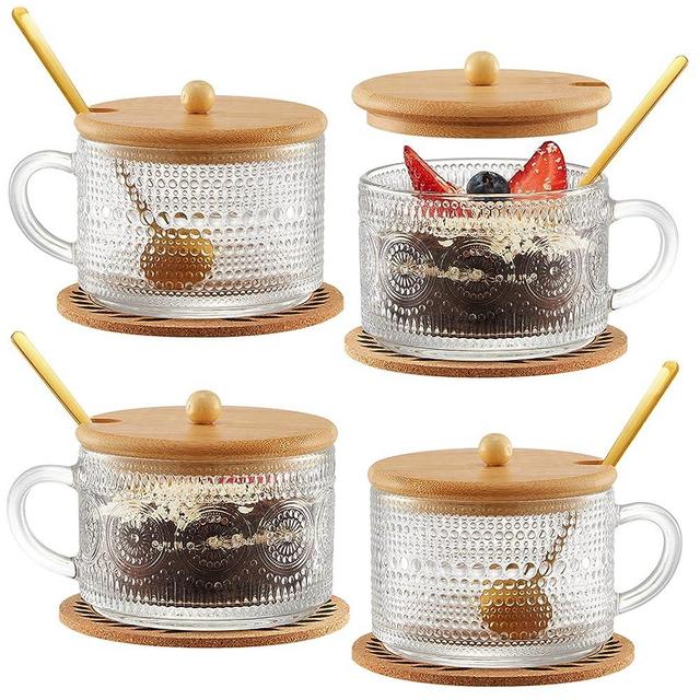 Tekuve Vintage Glass Coffee Mugs Set of 4, Clear Embossed Tea Cups, Coffee Bar Accessories, Iced Coffee Cups with Bamboo Lids and Spoons for Overnight Oats, Yogurt, Cappuccino, Latte(4T)