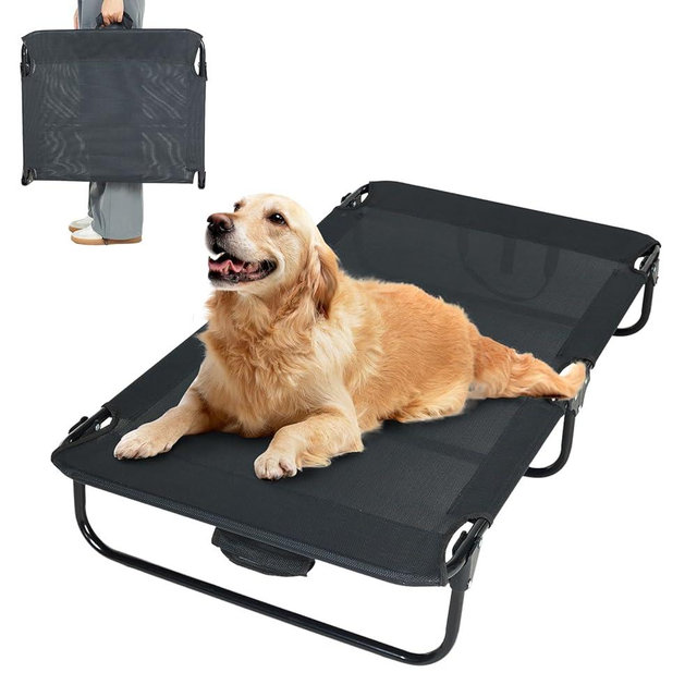everfront Elevated Dog Bed for Large Pet with No-Slip Feet, Foldable Portable Washable Raised Bed for Indoor&Outdoor Camping Dog Cot, with Cooling Waterproof Breathable Mesh (Large, Black-Textilene)