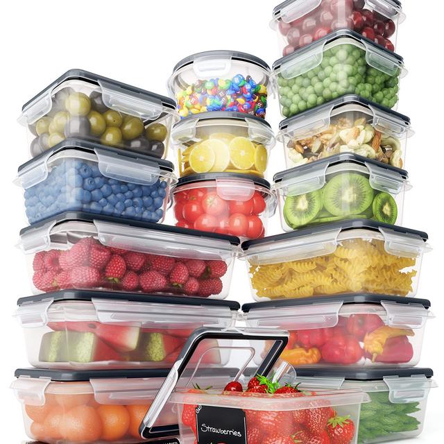 Food Storage Containers Set - Airtight Plastic Containers with Easy Snap Lids (16 Pack) - Leak Proof Kitchen Pantry Organization - BPA-Free - 16 Chalkboard Labels Marker - Chef’s Path