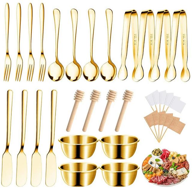 Mlurcu Cheese Butter Spreader Knives Set Charcuterie Board Accessories Stainless Steel Spreader Knives Forks Spoons Mini Serving Tongs Small Dipping Bowls Toothpick Flags Utensils for Pastry Making