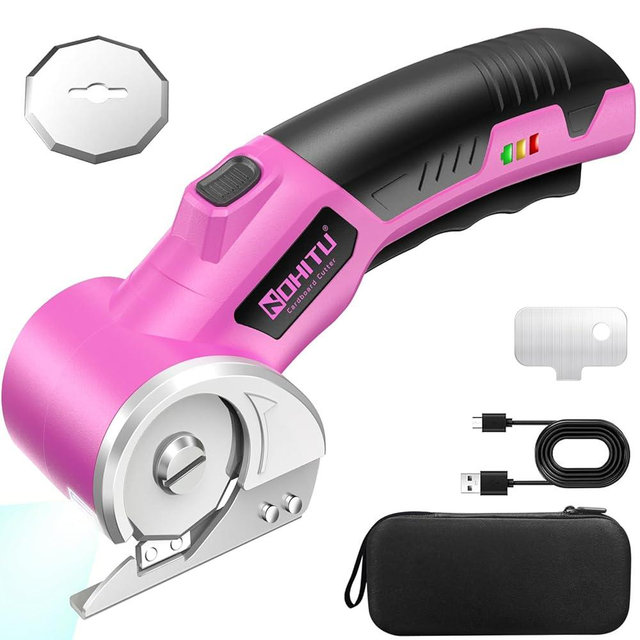 Cardboard Cutter: 4V Rechargeable Rotary Electric Box Cutter, 3000mAh Battery, with LED Light & Safety Lock, 2 Blades, Cordless Electric Scissorsfor Fabric Carpet Carton Plastic Leather Cloth (Pink)