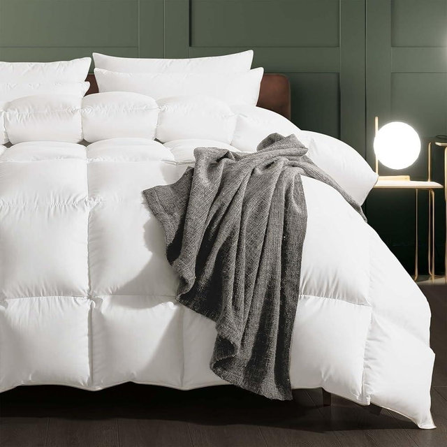 WhatsBedding Feather Fiber Comforter Queen Size Duvet Insert for All Season, 100% Cotton Hotel Collection Down Comforter Alternative, 4 Corner Loops, Gold Piping, 90x90In