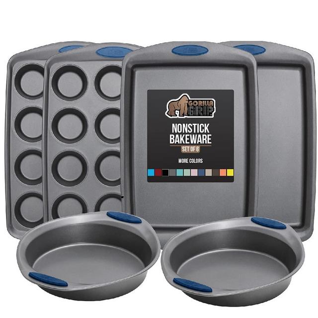 Gorilla Grip Nonstick, Heavy Duty, Carbon Steel Bakeware Sets, 6 Piece Baking Set, Rust Resistant, No Bending or Popping, Silicone Handle, 2 Cookie Sheets, Round Cake Pans, 12 Cup Muffin Tins, Blue