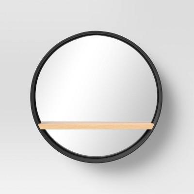 22.5" Round Metal Wall Mirror with Natural Wood Shelf Black - Threshold™