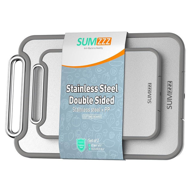 Sumzzz Stainless Steel Cutting Board for Kitchen, 2-in-1 Double-Sided Chopping Board, Food Grade Stainless Steel/PP (Silver, Set of 2(S+M))