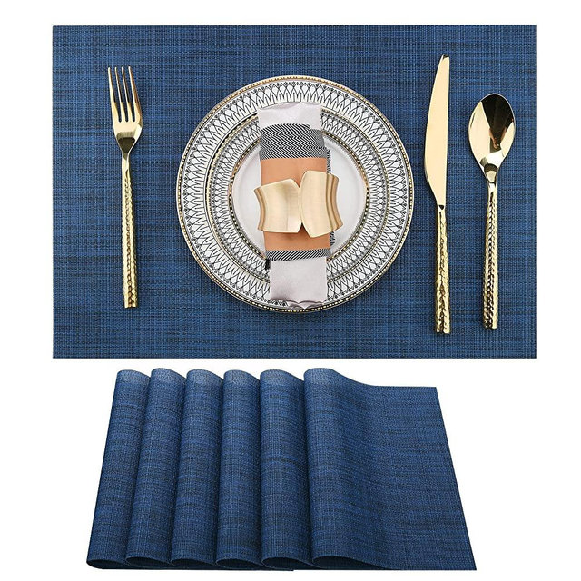 SLKQG Navy Blue Placemats Set of 6 - Easy Clean Washable Vinyl Placemats - Wipeable Heat Resistant Non-Slip Table Mats for Dining Table - 17x12 Inch (Navy Blue, 6)