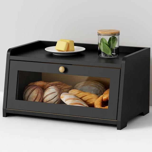 Goozii Black Bread Box for Kitchen Countertop, Vintage Wooden Breadbox, Homemade Bread Storage Container for Sourdough Loaf, Small Farmhouse Kitchen Counter Organizer with Window for Pantry Cabinet