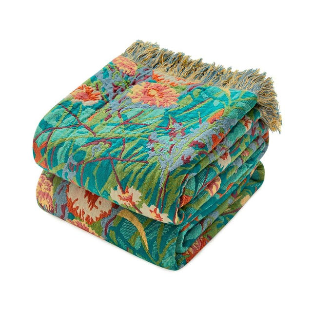 Boho Throw Blanket - 50"x60" 100% Cotton Ultra Soft Lightweight Spring Blanket, 4-Layer Breathable Muslin Blankets for Bed Couch, Reversible Green Floral Printed Bohemian Cotton Quilt