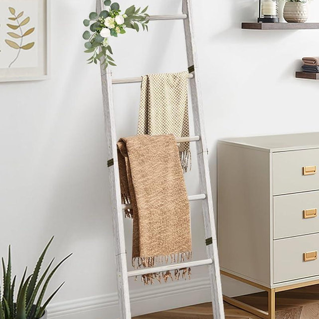 XLHOMO Blanket Ladder for Living Room, 5-Tier Wooden Ladder Shelf, Rustic Decorative Blanket Rack for Blankets, Quilts, Farmhouse Decor Ladder Shelf for Bedroom Bathroom Home Christmas Decor, White