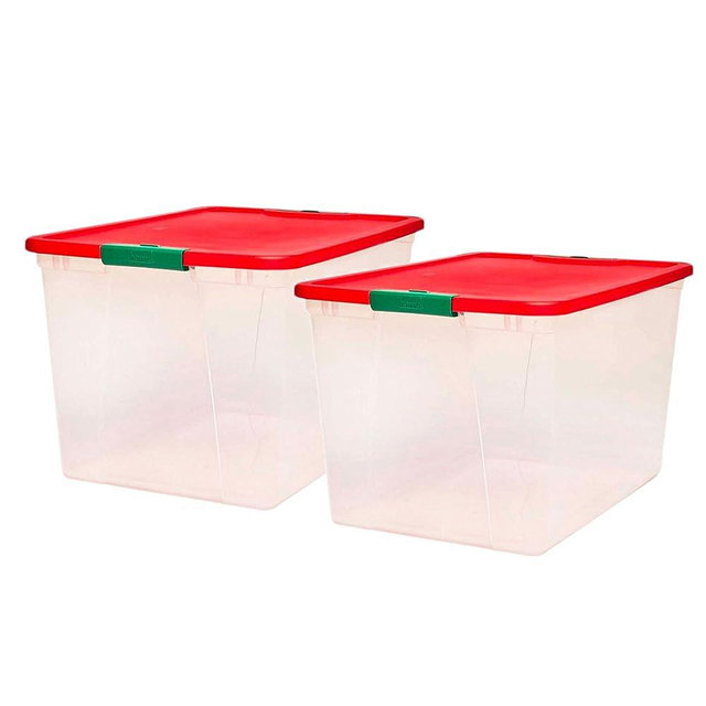 Homz 64 Quart Secure Seal Latching Extra Large Clear Plastic Storage Tote Container Bin w/ Red Lid for Home, Garage, & Basement Organization (2-Pack)