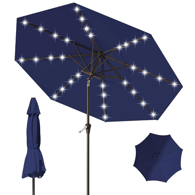 Tobeos 9FT Patio Umbrella with Solar Lights,Outdoor Market Umbrella with Tilt and Crank, LED Lighted Table Umbrella for Garden,Deck,Backyard,Pool,Beach