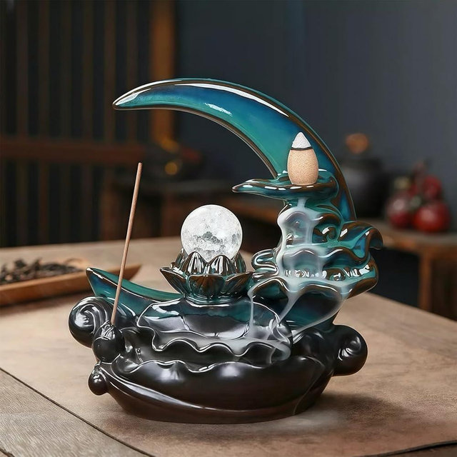 XINGZUAN Moon Backflow Incense Burner,Ceramic Incense Cone Holder, Incense Waterfall Fountain,Backflow Incense Holder with 60 Backflow Incense Cones and 40 Incense Sticks