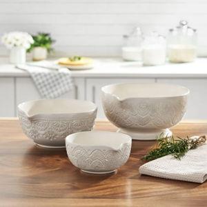 The Pioneer Woman Vintage Lace 3-Piece Ceramic Mixing Bowl Set, Linen