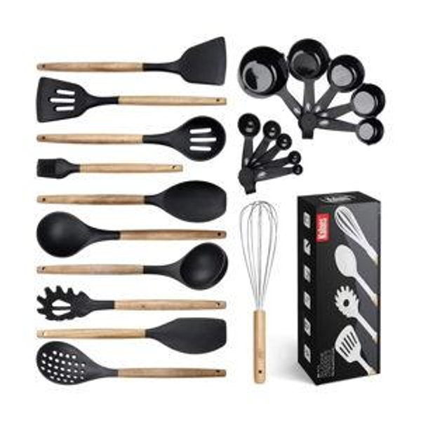 Kaluns Kitchen Utensils Set, 21 Piece Wood and Silicone, Cooking Utensils, Dishwasher Safe and Heat Resistant Kitchen Tools