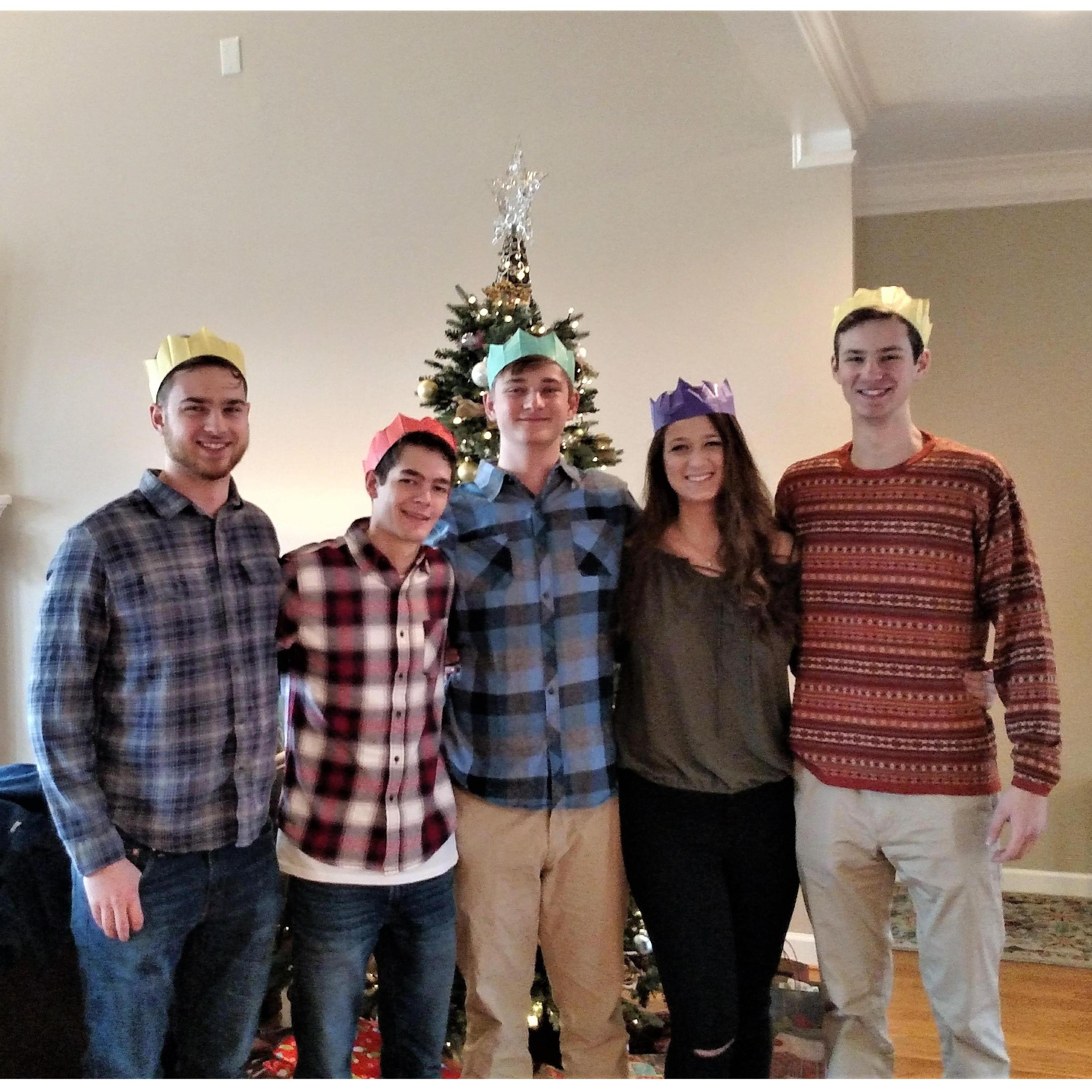 Wearing crowns we got from our Christmas poppers