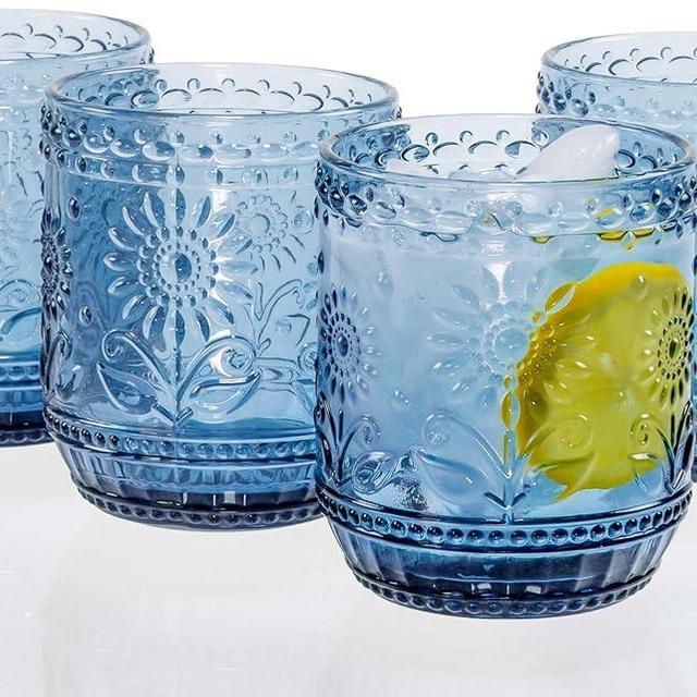 Red Co. Vintage Botanist Drinking Glass Set, Luxurious Floral Embossed Decorative Blue Glassware, Set of 4, 4-inch, 12 oz