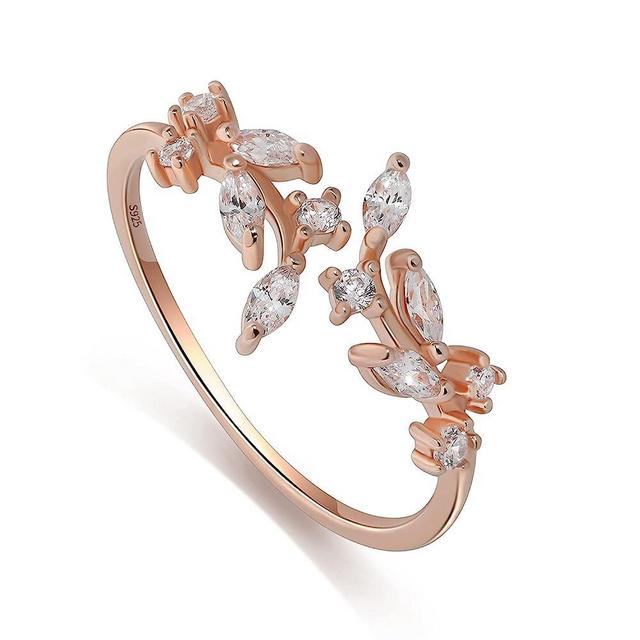 Meissa Sterling Silver Ring for Women Wrap Around Olive Leaf Branch Ring Adjustable Handmade Ring Paved Cubic Zirconia Stone Stackable Open Rings (Rose Gold)