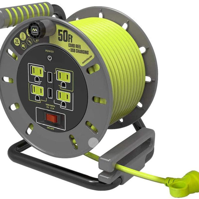 Masterplug Power At Work Four Power Outlets, Open Cord Reel with Winding Handle and Two USB Charging Ports, Overload Circuit Breaker and Power Switch, 50 Feet 14AWG, High Visibility Cord, Green