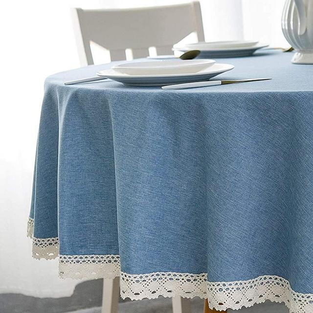 EHouseHome Faux Linen Tablecloth with Lace Trim - Waterproof/Spill Proof/Stain Resistant/Wrinkle Free/Oil Proof - for Banquet, Parties, Dinner,Wedding,Holiday,Water Blue Round 70Inch