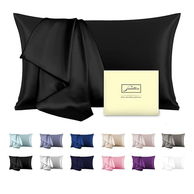 Mulberry Silk Pillowcase for Hair and Skin Pillow Case with Hidden Zipper Soft Breathable Smooth Cooling Silk Pillow Covers for Sleeping (Black, Queen（20"X 30"）)