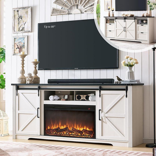 Farmhouse Fireplace TV Stand for 80 Inch TV, 32" Tall Entertainment Center w/Drawer & Sliding Barn Door, 70 Inch Highboy Media Console for Living Room, Off White