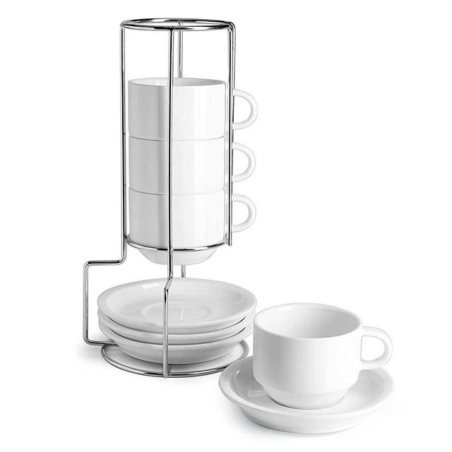 Sweese 405.401 Porcelain Stackable Espresso Cups with Saucers and Metal Stand - 4 Ounce - Set of 4, White