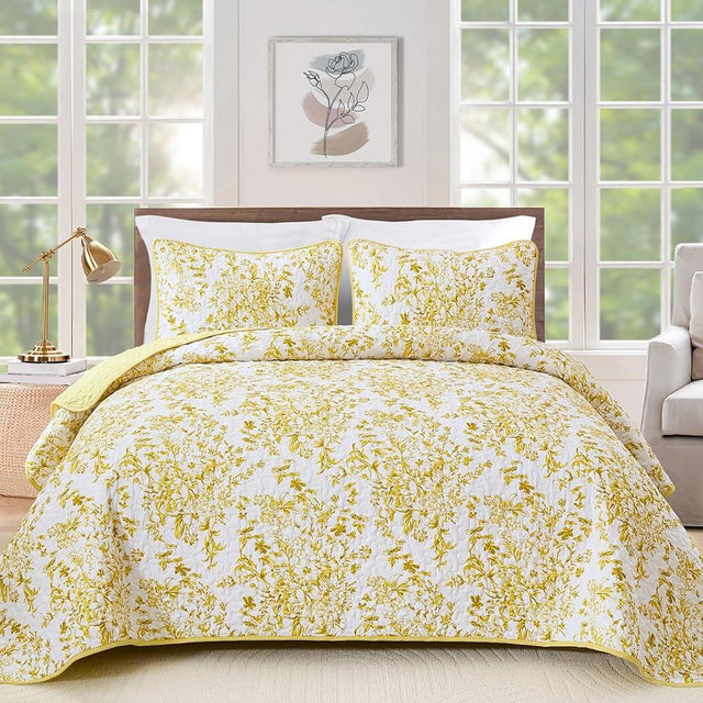 WONGS BDEEING Quilt King Size, Yellow Quilt Bedding Set with 2 Pillowcases, Botanical Quilt for King Bed, Soft Microfiber Lightweight Coverlet Bedspread for All Season (110"×90", 3 Pieces)