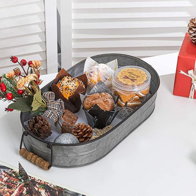 Hawoo Galvanized Metal Tray,Farmhouse Serving Tray Farmhouse Kitchen Decor Serving Trays with Wooden Handles,Decorative Trays for Coffee Table,Christmas,Wedding and Party,14.5"x 8.2"