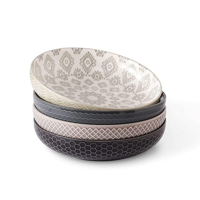 Signature Housewares Pad Print Gray Dinner Bowls 8.5" Set of 4, 22oz