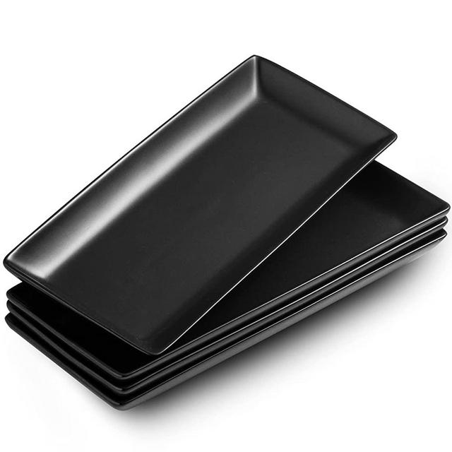 LAUCHUH Porcelain Serving Platter Large Rectangular Serving Dinner Dish 14 Inches Plate Tray For Wedding Party Food Dessert Sushi and Appetizers Set of 4, Black
