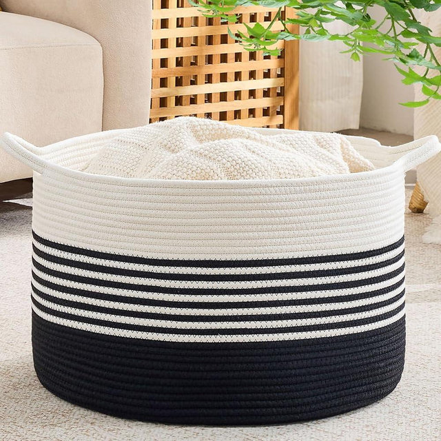 KAKAMAY Cotton Rope Storage Basket (20"x13"),Woven Hamper for Blankets,Toys,Pillows,Clothes,Laundry,Sturdy Handles Decorative Basket for Living Room, Bedroom,Nursery(Black/Black Fringe)