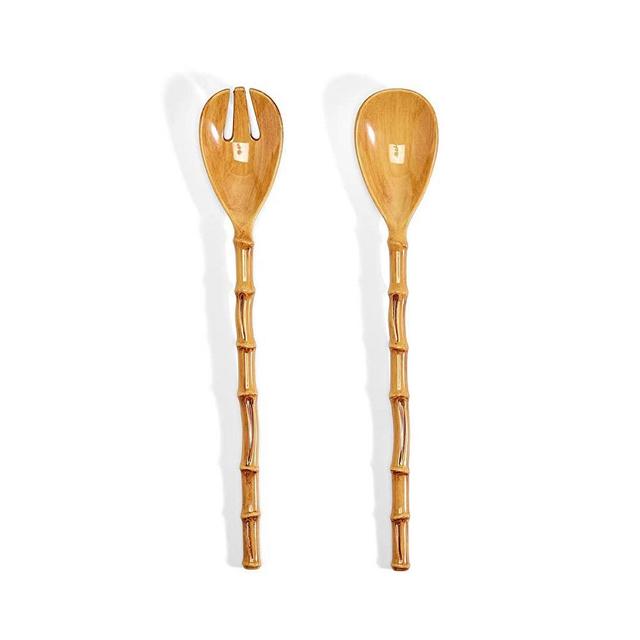 Two's Company Inc. Two's Company Bamboo Touch Accent Salad Servers, Set of 2, Natural, Blue, 5.25 x 7.25''