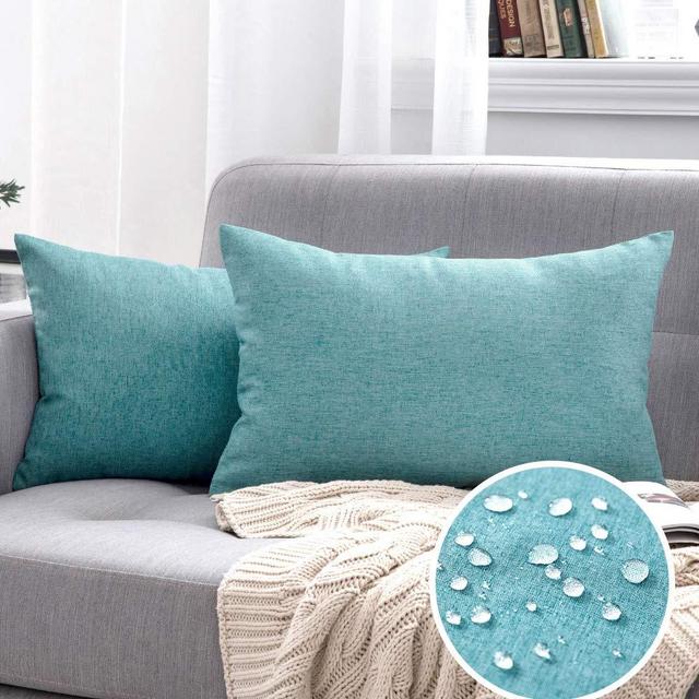 MIULEE Pack of 2 Decorative Outdoor Solid Waterproof Throw Pillow Covers Cotton Linen Garden Farmhouse Cushion Cases for Patio Tent Balcony Couch Sofa 12x20 inch Turquoise