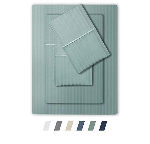Feather & Stitch 500 Thread Count 100% Cotton Stripe Sheets + 2 Pillowcases, Soft Sateen Weave, Deep Pocket, Hotel Collection, Luxury Bedding Set (Granite Green, King)