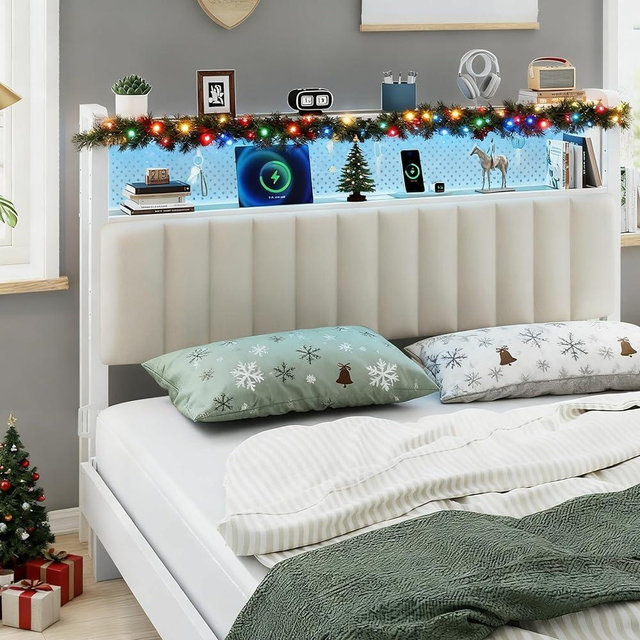 VINGLI Full Size Headboard for Bed,Headboards with Storage, Charging Stations and LED Lights, 2 Tier Shelves and Pegboard, Modern Bed Head Board, Adjustable Height, Upholstered Fabric, White