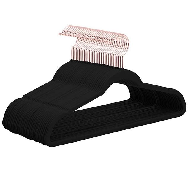 Premium Black Velvet Hangers HeavyDuty - Non Slip Sturdy Suit Hangers- Rose Gold Swivel Hooks - Felt Hangers-Space Saving Clothes Hangers 50 Pack for Skirts Coats(Black/Rosegold, 50 Pack)